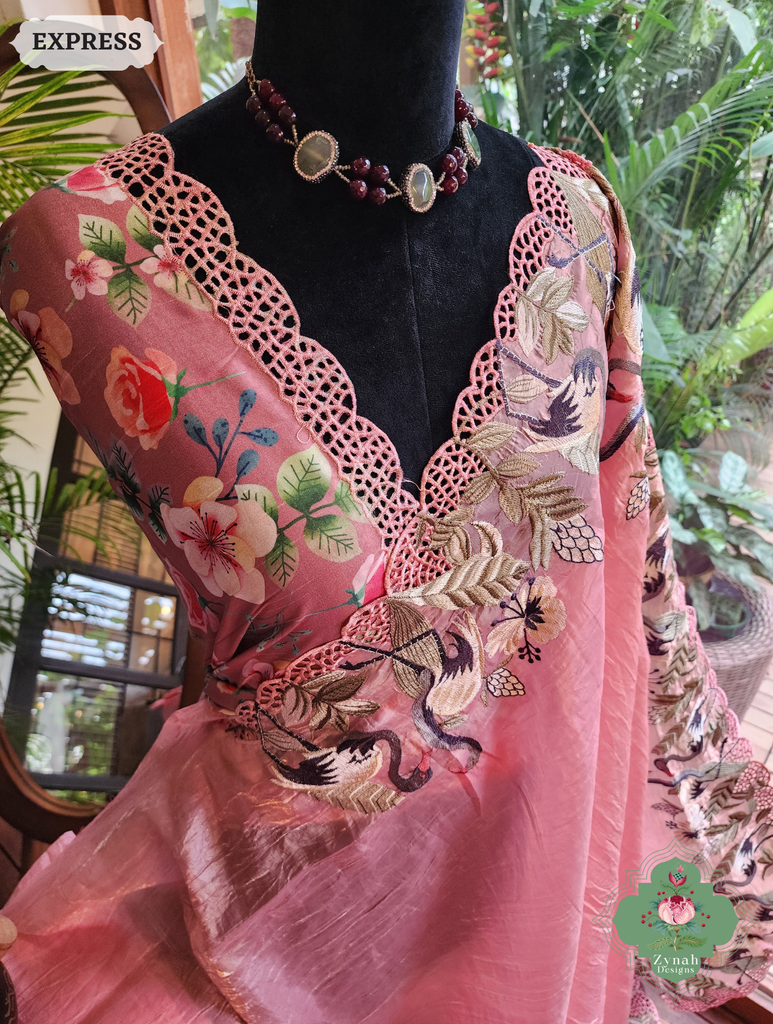 Zynah Pink Organza Tissue Saree With Exquisite Crane Embroidery & Cutwork Scalloped Border; Custom Stitched/Ready-made Blouse, Fall, Petticoat; SKU: 0410202502