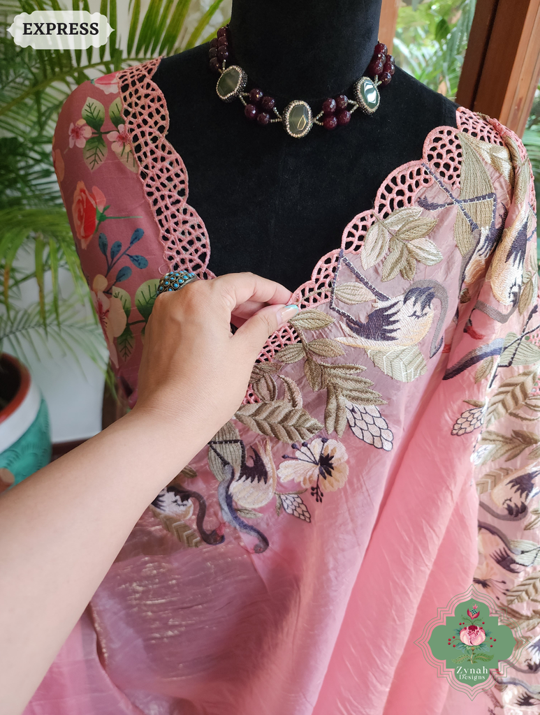 Zynah Pink Organza Tissue Saree With Exquisite Crane Embroidery & Cutwork Scalloped Border; Custom Stitched/Ready-made Blouse, Fall, Petticoat; SKU: 0410202502