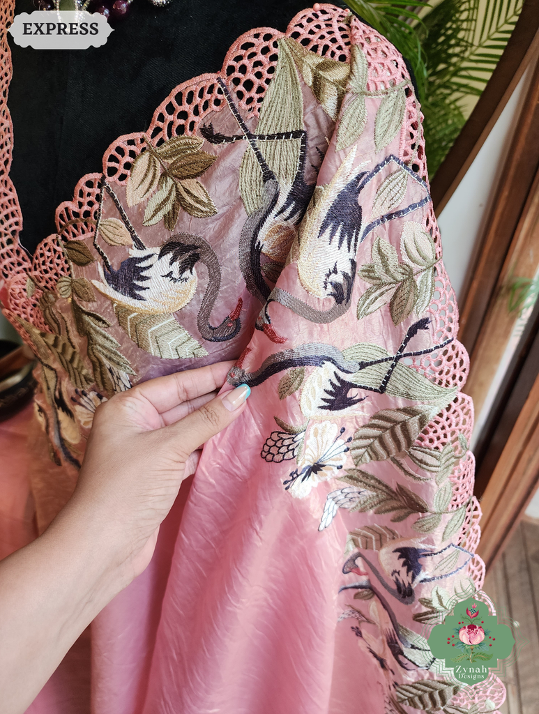 Zynah Pink Organza Tissue Saree With Exquisite Crane Embroidery & Cutwork Scalloped Border; Custom Stitched/Ready-made Blouse, Fall, Petticoat; SKU: 0410202502