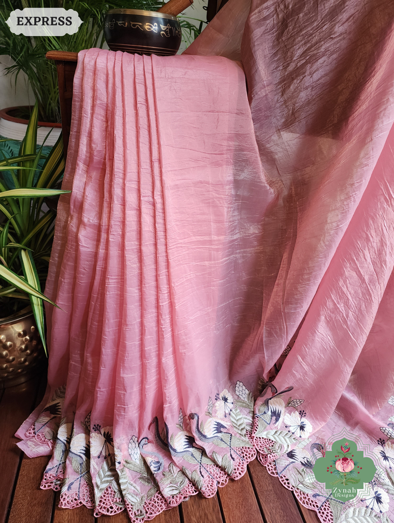 Zynah Pink Organza Tissue Saree With Exquisite Crane Embroidery & Cutwork Scalloped Border; Custom Stitched/Ready-made Blouse, Fall, Petticoat; SKU: 0410202502