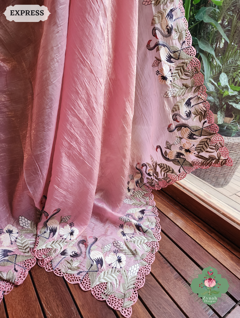 Zynah Pink Organza Tissue Saree With Exquisite Crane Embroidery & Cutwork Scalloped Border; Custom Stitched/Ready-made Blouse, Fall, Petticoat; SKU: 0410202502