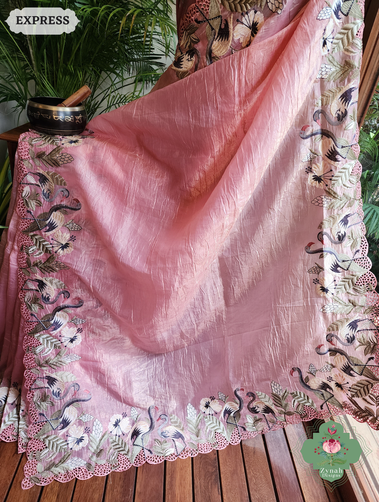 Zynah Pink Organza Tissue Saree With Exquisite Crane Embroidery & Cutwork Scalloped Border; Custom Stitched/Ready-made Blouse, Fall, Petticoat; SKU: 0410202502
