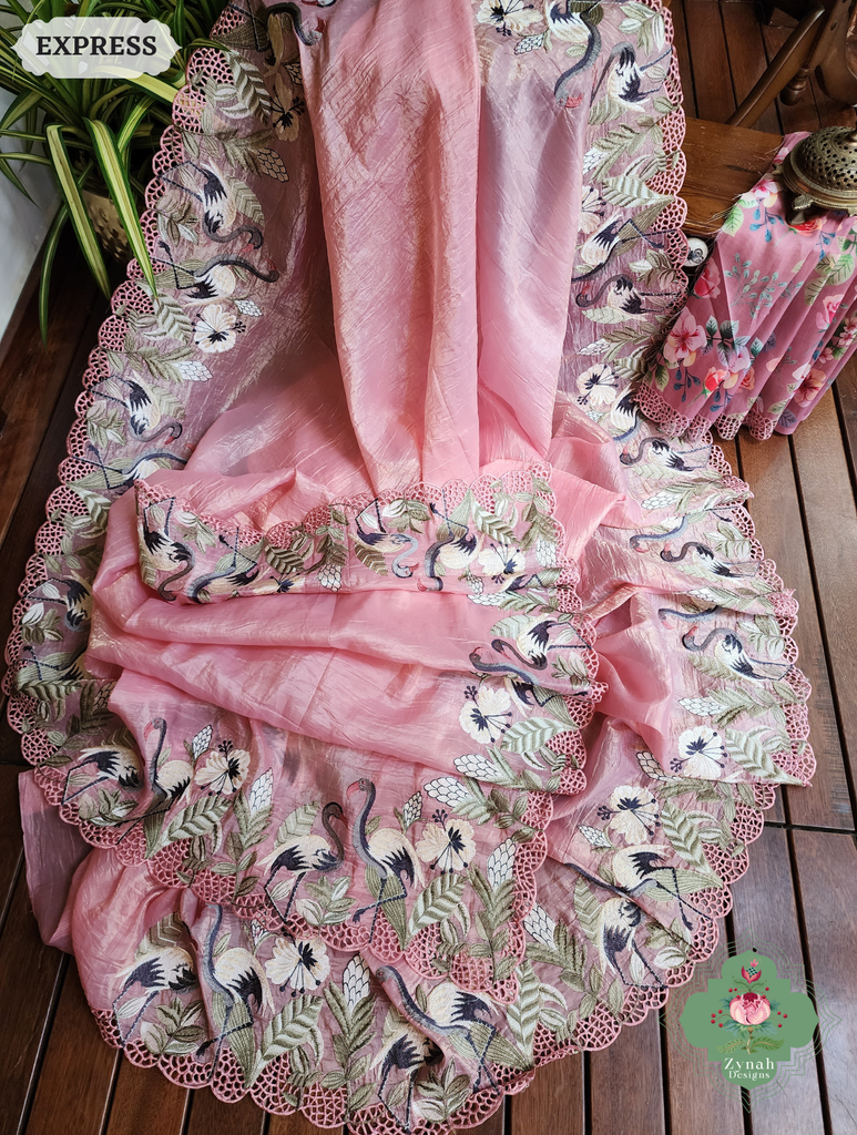 Zynah Pink Organza Tissue Saree With Exquisite Crane Embroidery & Cutwork Scalloped Border; Custom Stitched/Ready-made Blouse, Fall, Petticoat; SKU: 0410202502