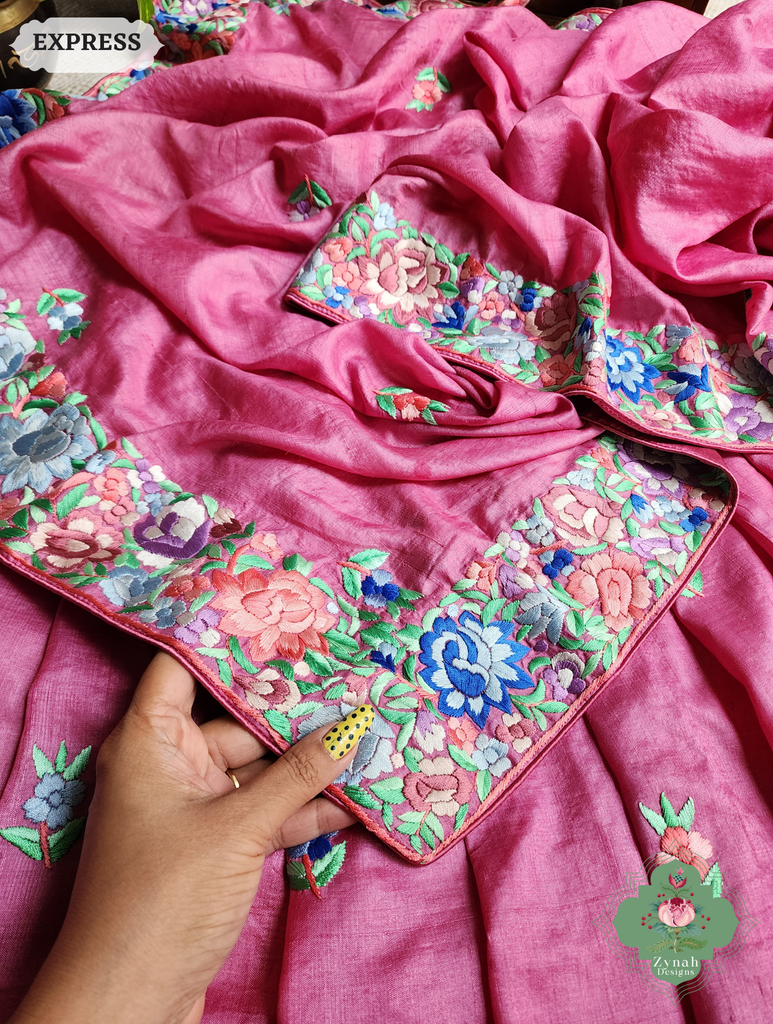 Zynah Pink Pure Tussar Silk Hand Embroidered (Shaded) Authentic Parsi Gara Saree; Custom Stitched/Ready-made Blouse, Fall, Petticoat; SKU: 2312202402