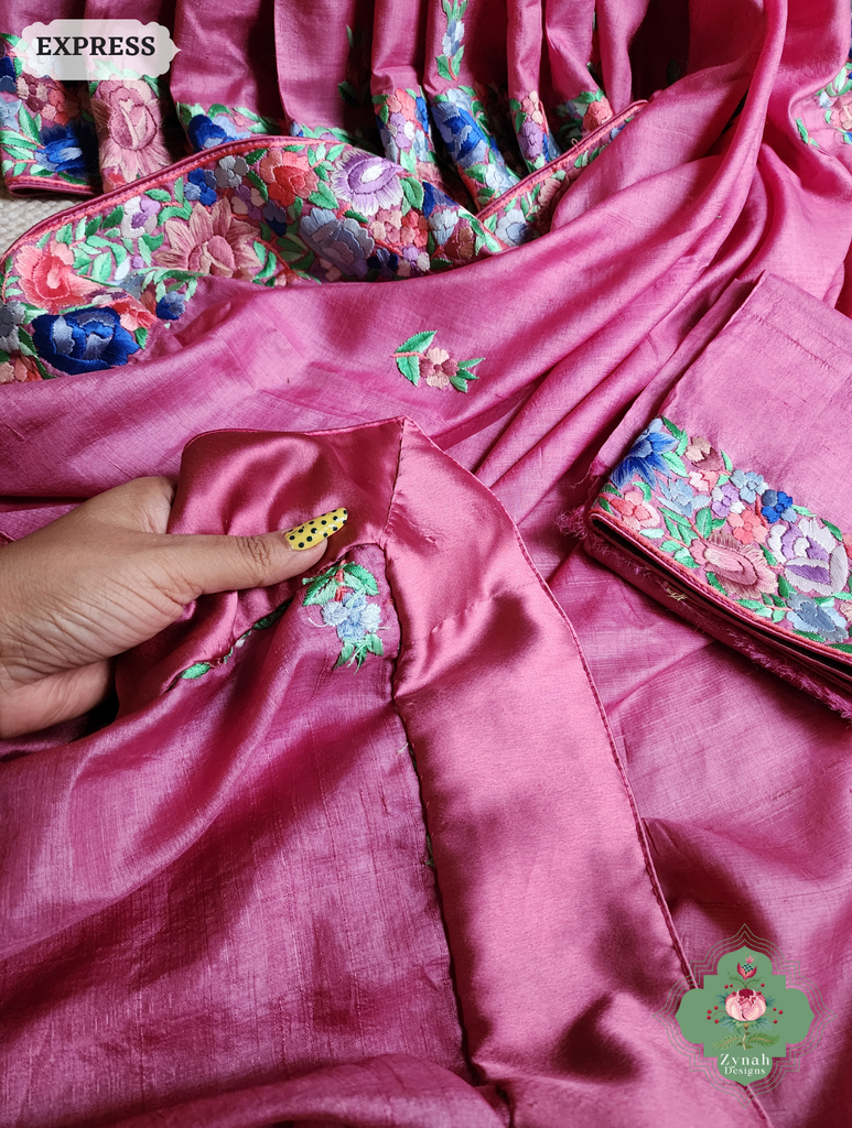 Zynah Pink Pure Tussar Silk Hand Embroidered (Shaded) Authentic Parsi Gara Saree; Custom Stitched/Ready-made Blouse, Fall, Petticoat; SKU: 2312202402