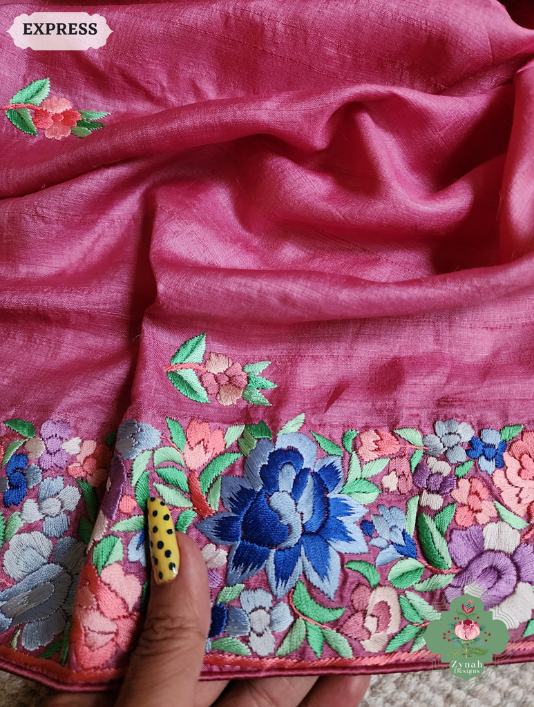 Zynah Pink Pure Tussar Silk Hand Embroidered (Shaded) Authentic Parsi Gara Saree; Custom Stitched/Ready-made Blouse, Fall, Petticoat; SKU: 2312202402