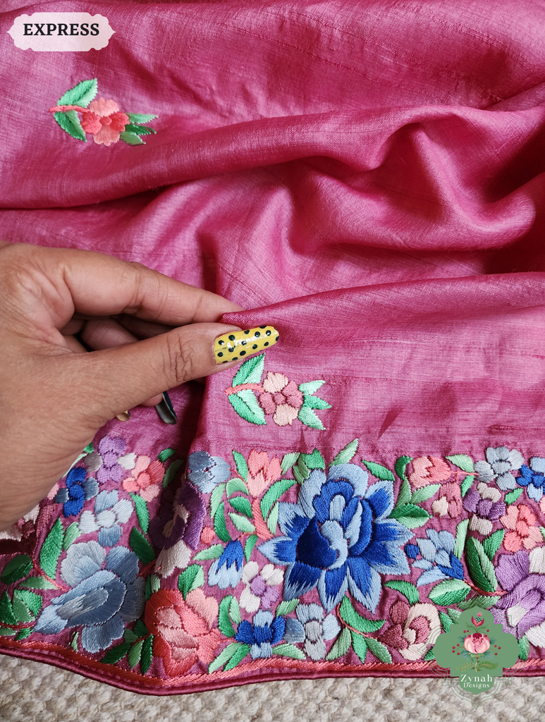 Zynah Pink Pure Tussar Silk Hand Embroidered (Shaded) Authentic Parsi Gara Saree; Custom Stitched/Ready-made Blouse, Fall, Petticoat; SKU: 2312202402