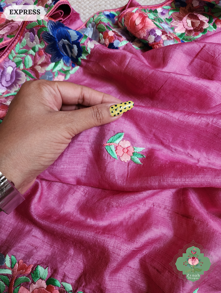 Zynah Pink Pure Tussar Silk Hand Embroidered (Shaded) Authentic Parsi Gara Saree; Custom Stitched/Ready-made Blouse, Fall, Petticoat; SKU: 2312202402