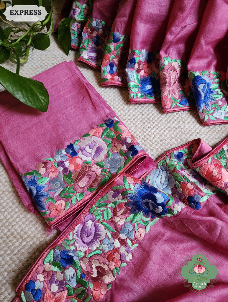 Zynah Pink Pure Tussar Silk Hand Embroidered (Shaded) Authentic Parsi Gara Saree; Custom Stitched/Ready-made Blouse, Fall, Petticoat; SKU: 2312202402