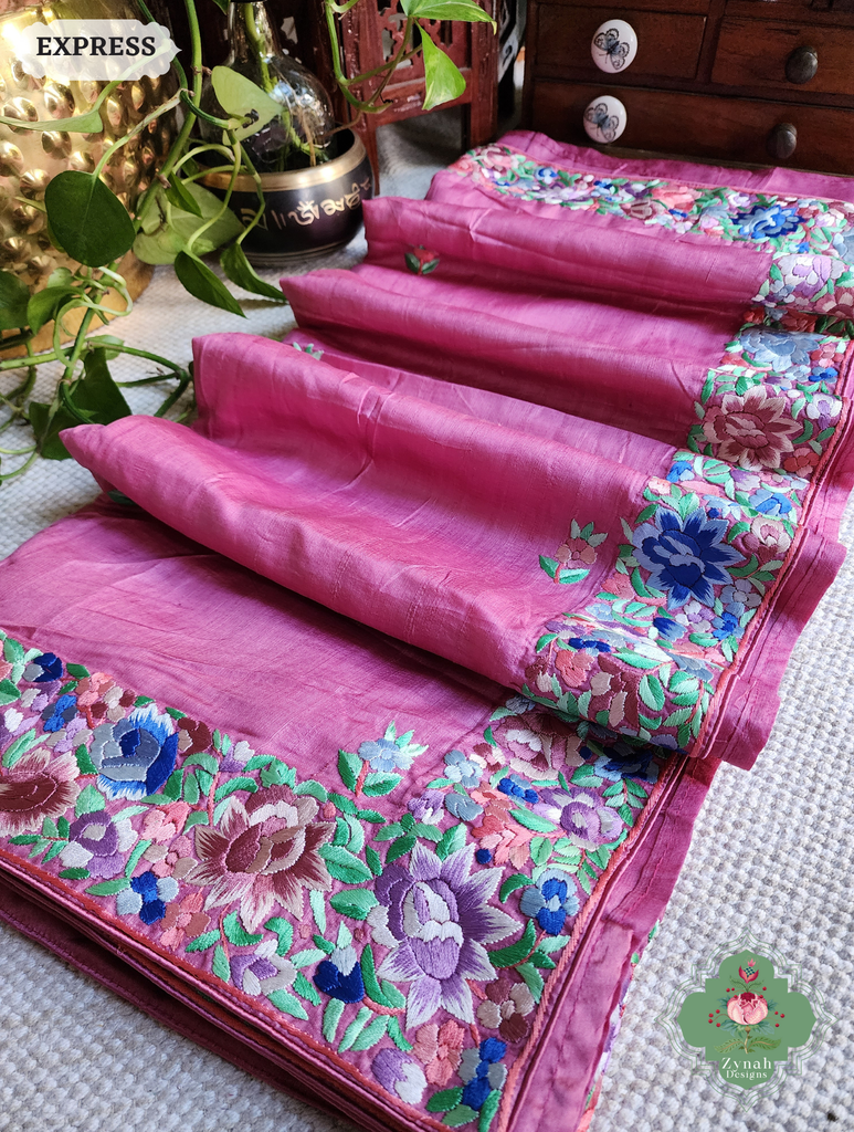Zynah Pink Pure Tussar Silk Hand Embroidered (Shaded) Authentic Parsi Gara Saree; Custom Stitched/Ready-made Blouse, Fall, Petticoat; SKU: 2312202402