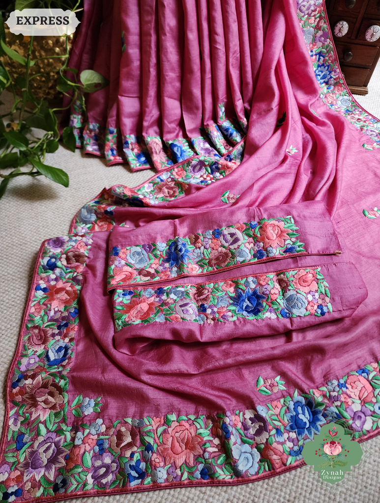 Zynah Pink Pure Tussar Silk Hand Embroidered (Shaded) Authentic Parsi Gara Saree; Custom Stitched/Ready-made Blouse, Fall, Petticoat; SKU: 2312202402