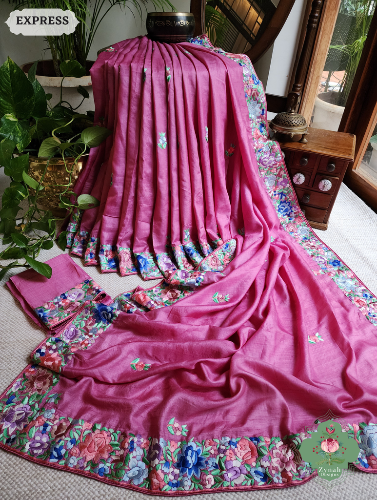 Zynah Pink Pure Tussar Silk Hand Embroidered (Shaded) Authentic Parsi Gara Saree; Custom Stitched/Ready-made Blouse, Fall, Petticoat; SKU: 2312202402