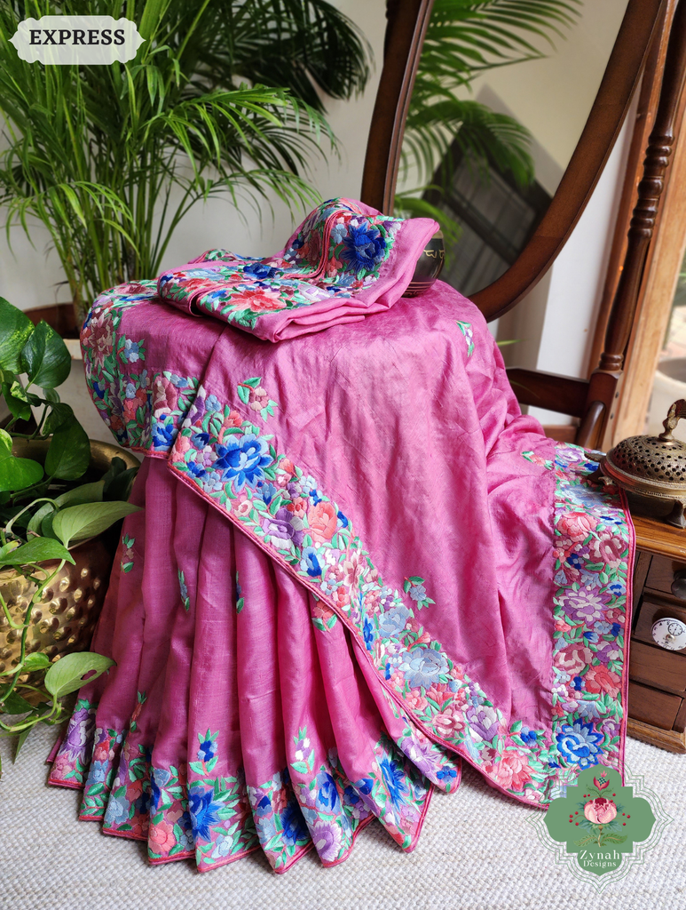 Zynah Pink Pure Tussar Silk Hand Embroidered (Shaded) Authentic Parsi Gara Saree; Custom Stitched/Ready-made Blouse, Fall, Petticoat; SKU: 2312202402