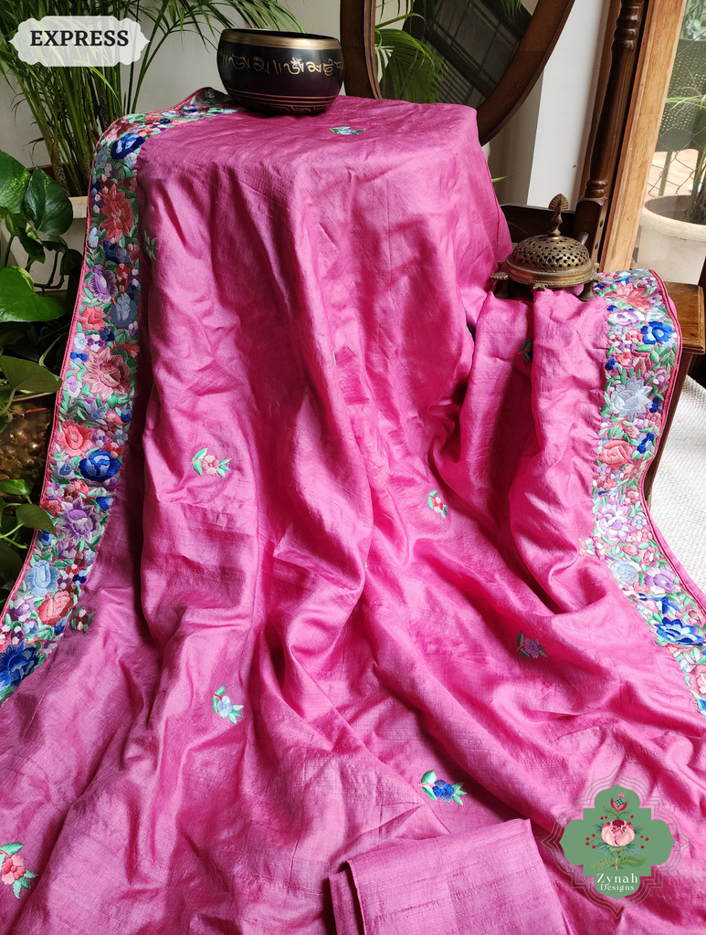 Zynah Pink Pure Tussar Silk Hand Embroidered (Shaded) Authentic Parsi Gara Saree; Custom Stitched/Ready-made Blouse, Fall, Petticoat; SKU: 2312202402