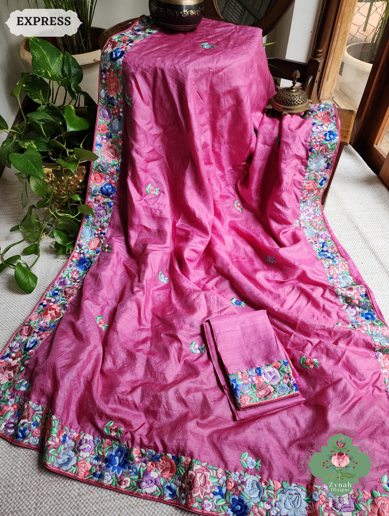 Zynah Pink Pure Tussar Silk Hand Embroidered (Shaded) Authentic Parsi Gara Saree; Custom Stitched/Ready-made Blouse, Fall, Petticoat; SKU: 2312202402