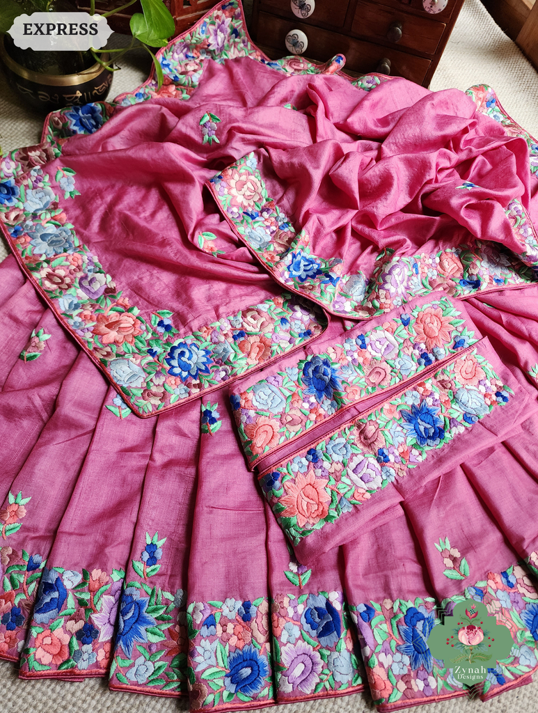 Zynah Pink Pure Tussar Silk Hand Embroidered (Shaded) Authentic Parsi Gara Saree; Custom Stitched/Ready-made Blouse, Fall, Petticoat; SKU: 2312202402