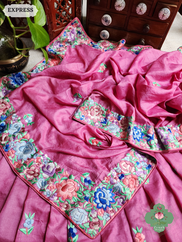 Zynah Pink Pure Tussar Silk Hand Embroidered (Shaded) Authentic Parsi Gara Saree; Custom Stitched/Ready-made Blouse, Fall, Petticoat; SKU: 2312202402