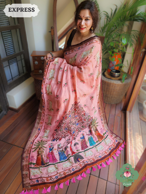 Zynah Pink Peach Organic Linen Saree With Pichwai Print; Custom Stitched/Ready-made Blouse, Fall, Petticoat; SKU: 2504202302