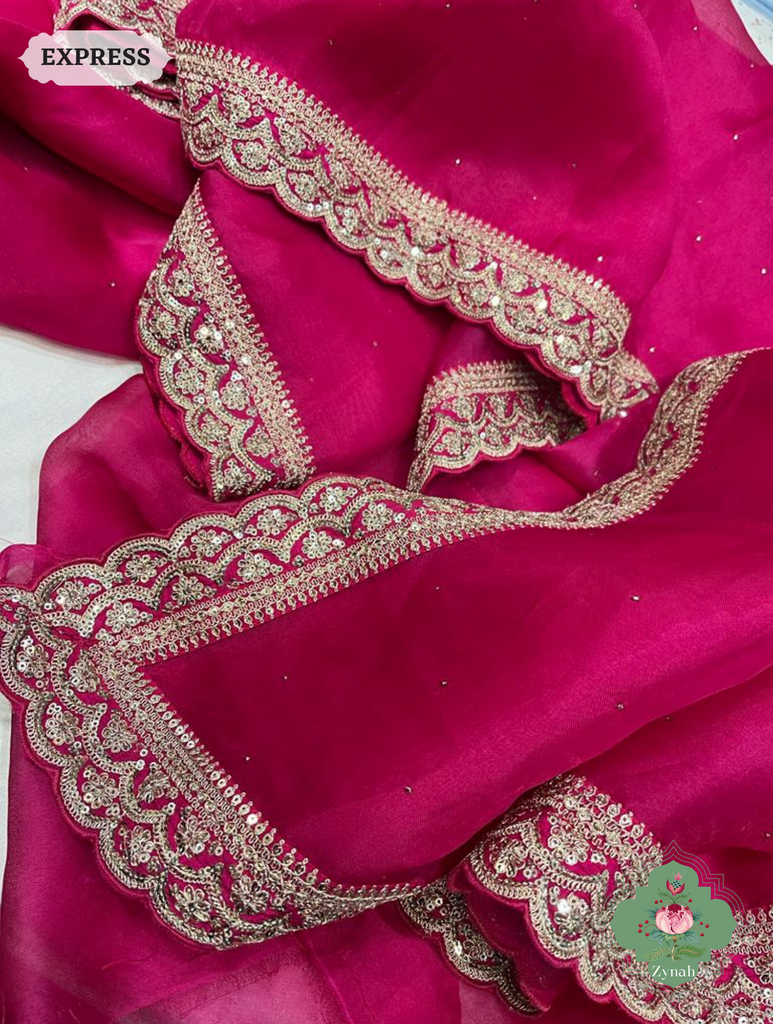 Pink Pure Organza Silk Saree With All Over Mukaish Work & Sequins Embroidered Border