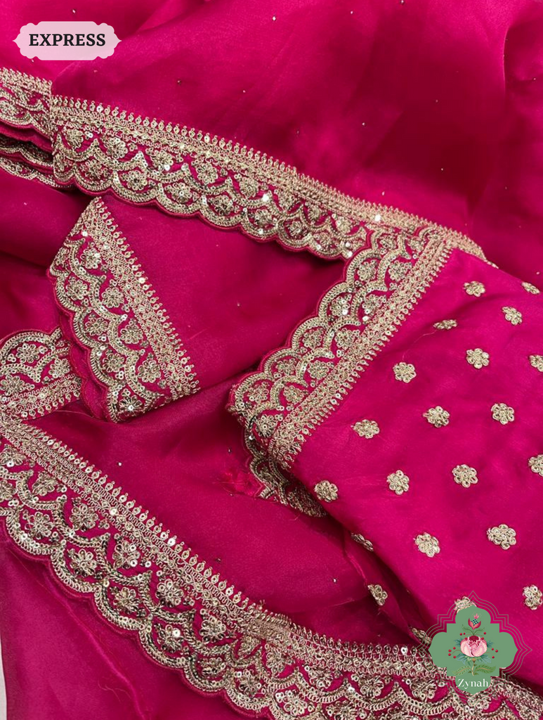Pink Pure Organza Silk Saree With All Over Mukaish Work & Sequins Embroidered Border