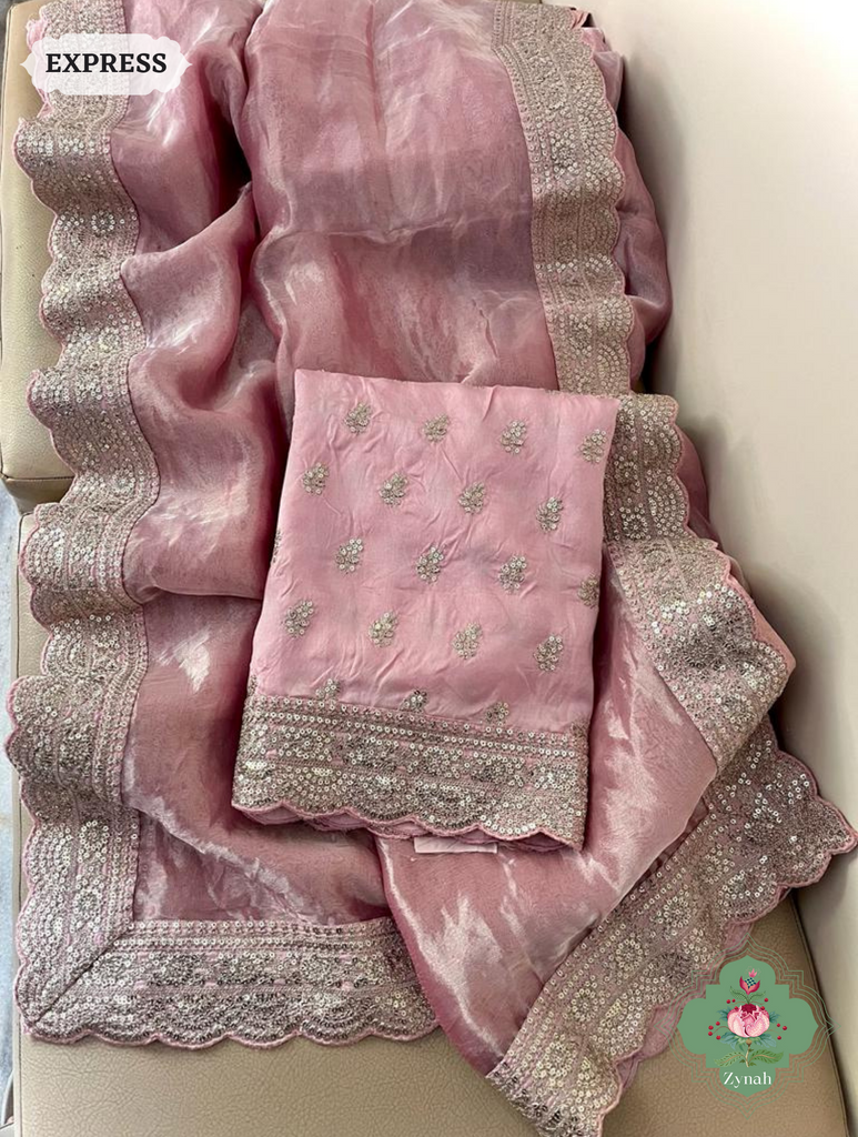 Pink Pure Silver Tissue Saree With Sequins Embroidered Border