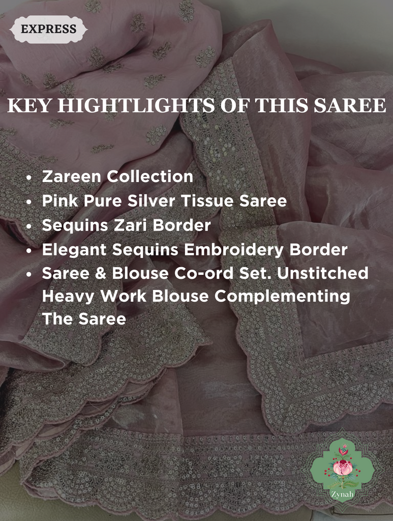 Pink Pure Silver Tissue Saree With Sequins Embroidered Border