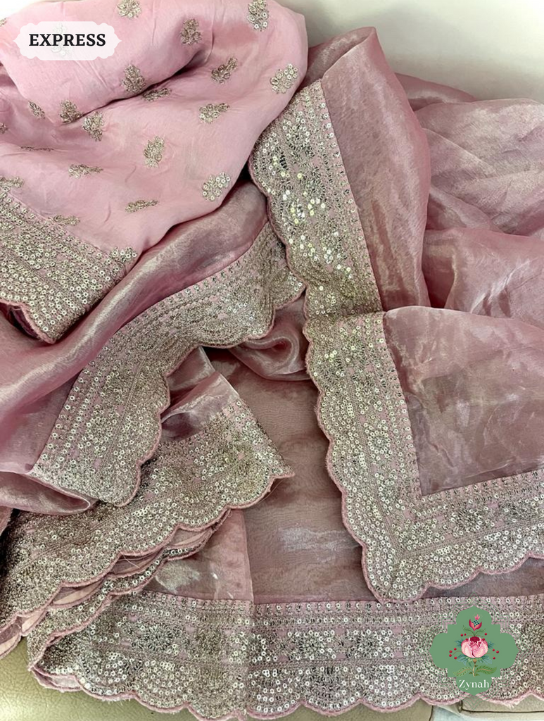 Pink Pure Silver Tissue Saree With Sequins Embroidered Border