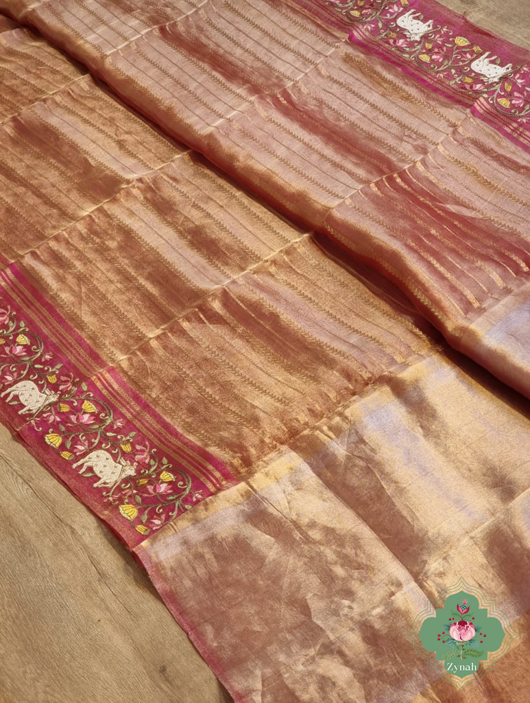 Pink Pure Silver Tissue Silk Saree With Banarasi Stripes, Katan Pallu & Pichwai Embroidery 7