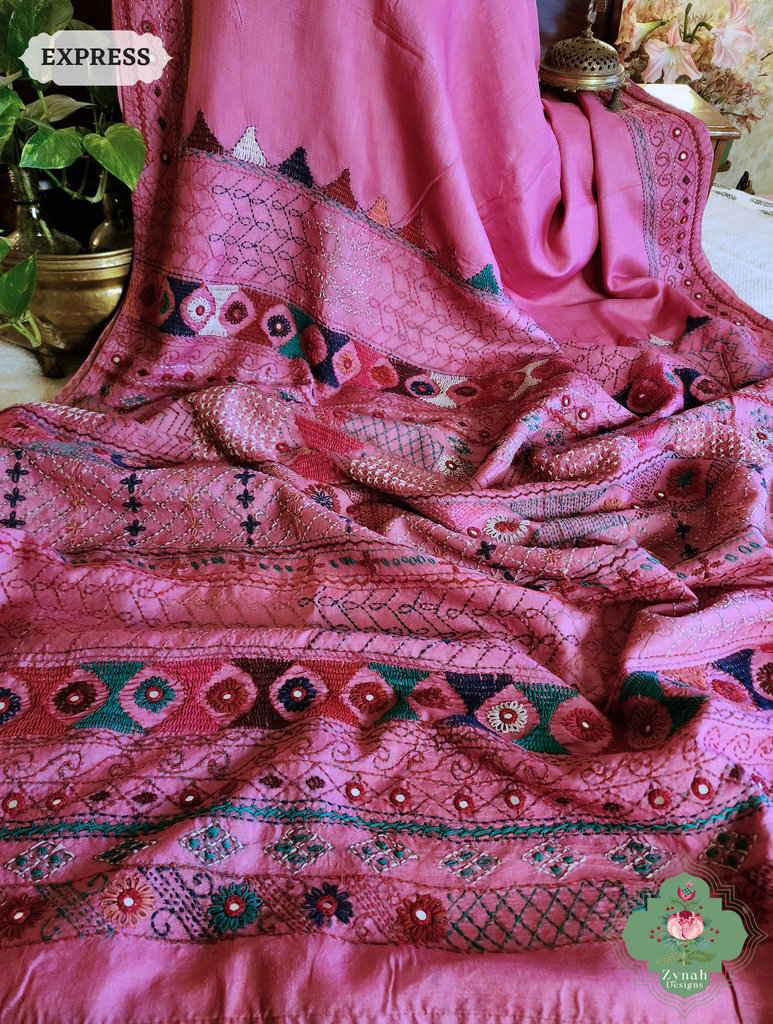 Zynah Pink Tussar Silk Saree With Lambani Hand Embroidery; Custom Stitched/Ready-made Blouse, Fall, Petticoat; SKU: 1007202501