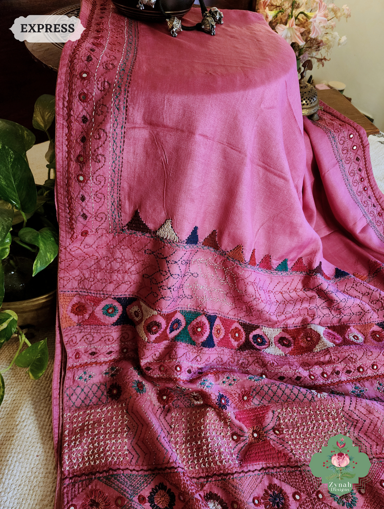 Zynah Pink Tussar Silk Saree With Lambani Hand Embroidery; Custom Stitched/Ready-made Blouse, Fall, Petticoat; SKU: 1007202501
