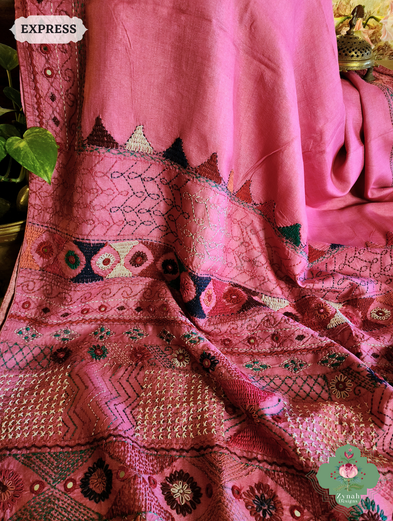 Zynah Pink Tussar Silk Saree With Lambani Hand Embroidery; Custom Stitched/Ready-made Blouse, Fall, Petticoat; SKU: 1007202501