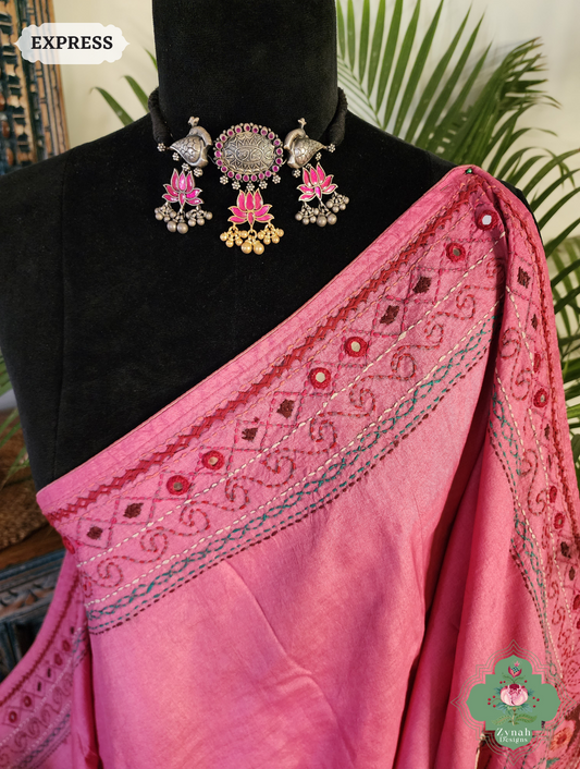 Zynah Pink Tussar Silk Saree With Lambani Hand Embroidery; Custom Stitched/Ready-made Blouse, Fall, Petticoat; SKU: 1007202501