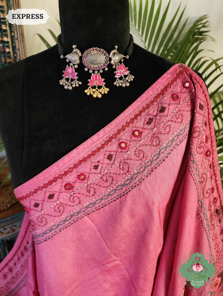 Zynah Pink Tussar Silk Saree With Lambani Hand Embroidery; Custom Stitched/Ready-made Blouse, Fall, Petticoat; SKU: 1007202501
