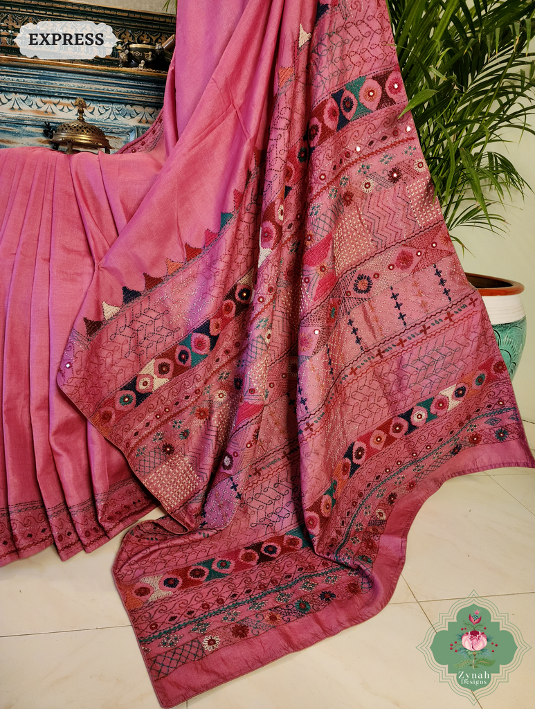 Zynah Pink Tussar Silk Saree With Lambani Hand Embroidery; Custom Stitched/Ready-made Blouse, Fall, Petticoat; SKU: 1007202501