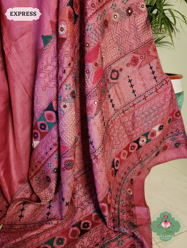 Zynah Pink Tussar Silk Saree With Lambani Hand Embroidery; Custom Stitched/Ready-made Blouse, Fall, Petticoat; SKU: 1007202501
