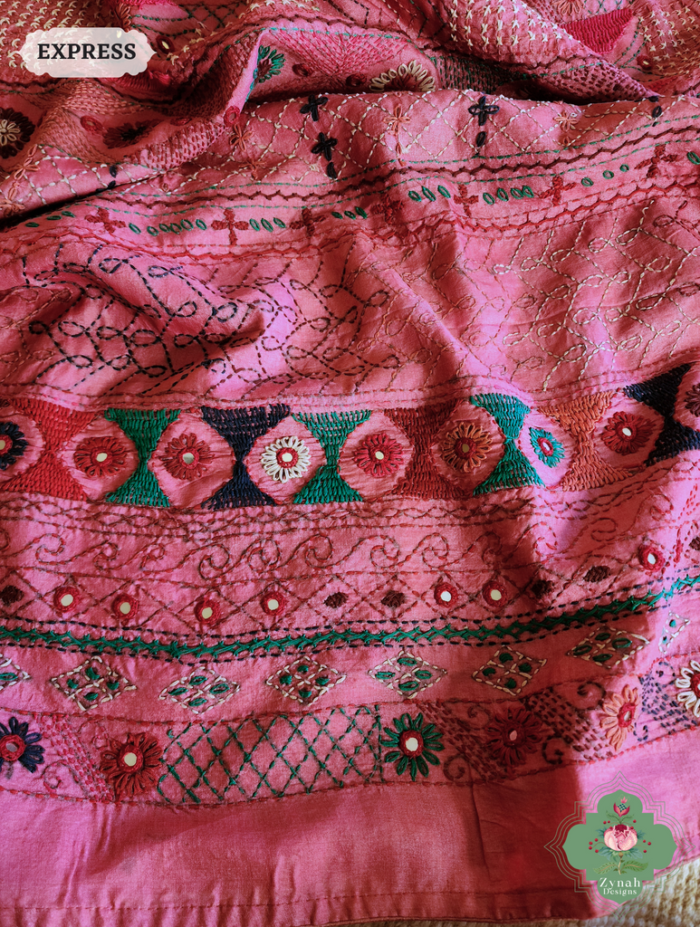 Zynah Pink Tussar Silk Saree With Lambani Hand Embroidery; Custom Stitched/Ready-made Blouse, Fall, Petticoat; SKU: 1007202501