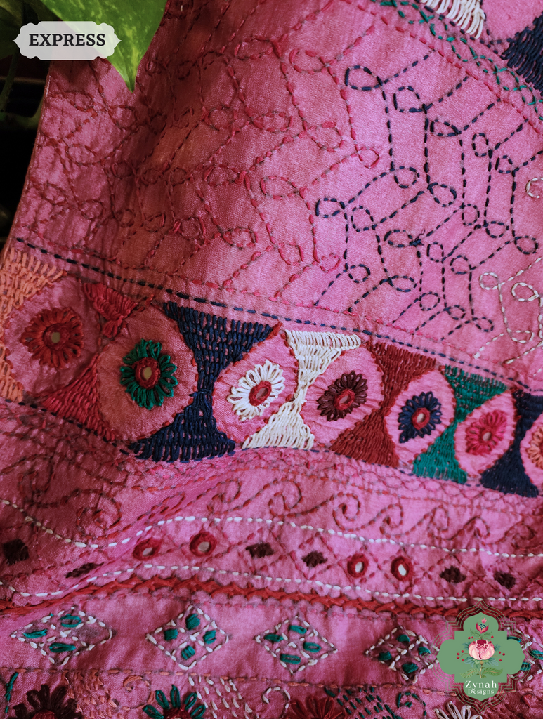 Zynah Pink Tussar Silk Saree With Lambani Hand Embroidery; Custom Stitched/Ready-made Blouse, Fall, Petticoat; SKU: 1007202501