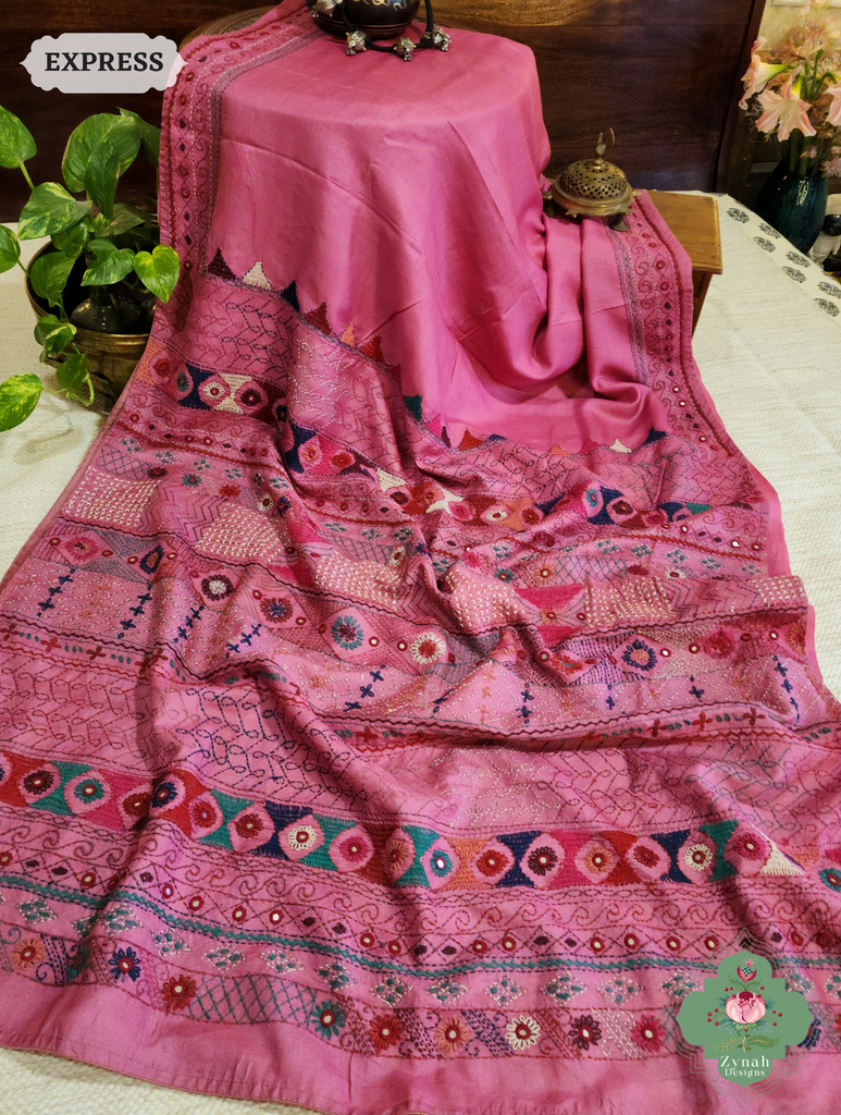 Zynah Pink Tussar Silk Saree With Lambani Hand Embroidery; Custom Stitched/Ready-made Blouse, Fall, Petticoat; SKU: 1007202501
