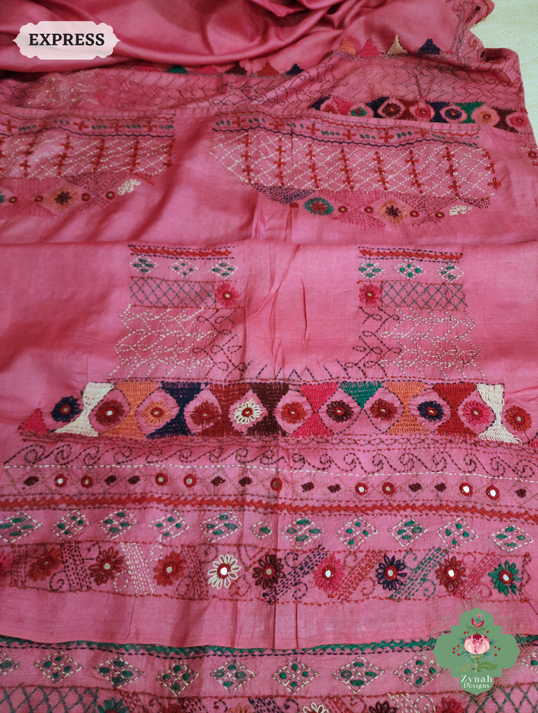 Zynah Pink Tussar Silk Saree With Lambani Hand Embroidery; Custom Stitched/Ready-made Blouse, Fall, Petticoat; SKU: 1007202501