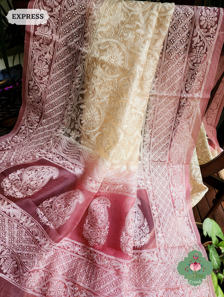 Zynah Pink / Cream Pure Organza Silk Saree with Floral Jaal Thread Chikankari Embroidery; Custom Stitched/Ready-made Blouse, Fall, Petticoat; SKU: 0408202301