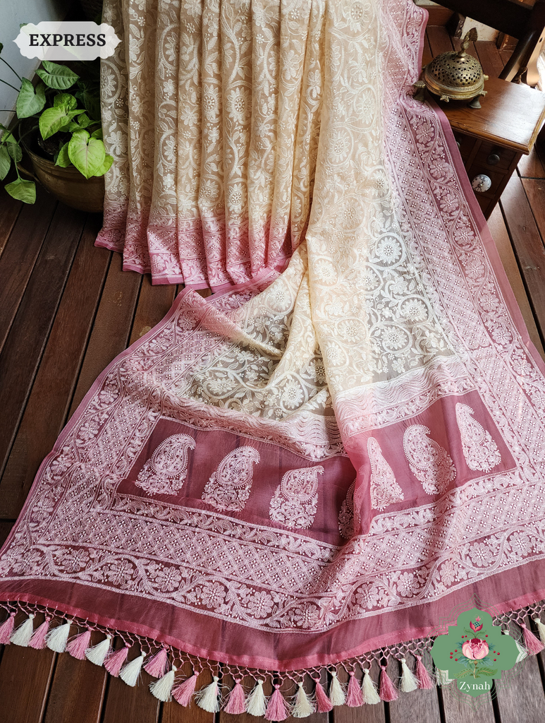 Zynah Pink / Cream Pure Organza Silk Saree with Floral Jaal Thread Chikankari Embroidery; Custom Stitched/Ready-made Blouse, Fall, Petticoat; SKU: 0408202301