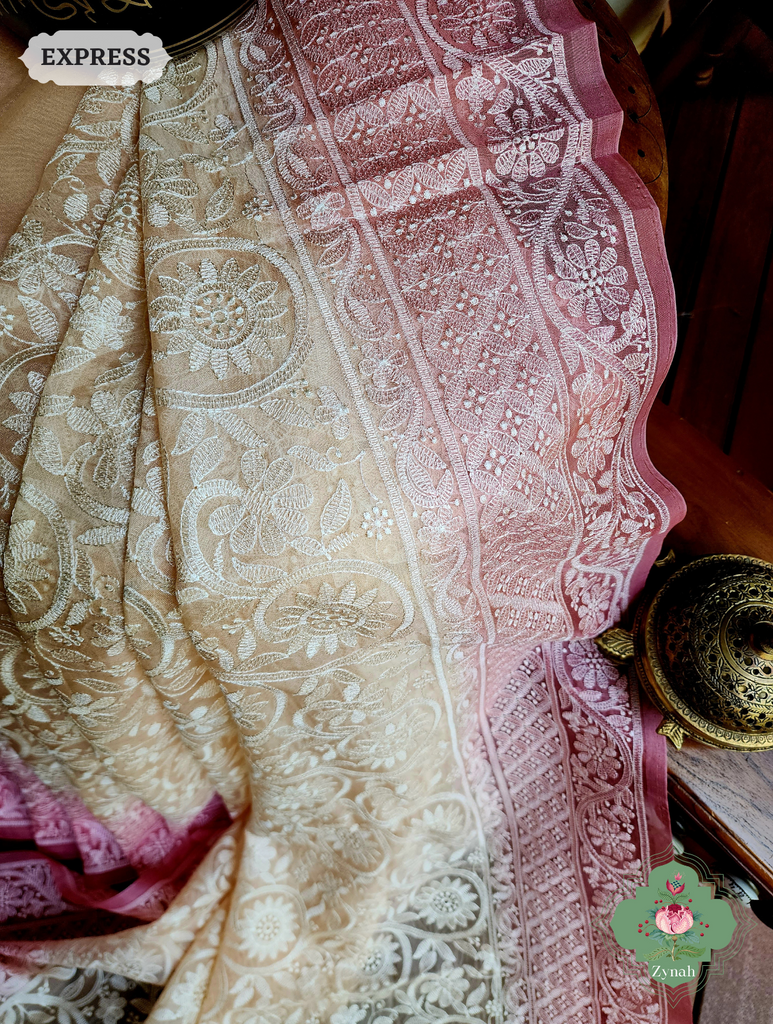 Zynah Pink / Cream Pure Organza Silk Saree with Floral Jaal Thread Chikankari Embroidery; Custom Stitched/Ready-made Blouse, Fall, Petticoat; SKU: 0408202301