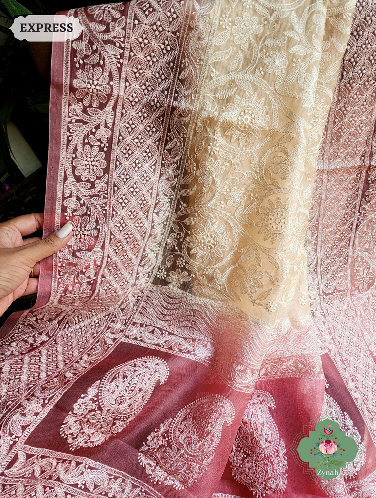 Zynah Pink / Cream Pure Organza Silk Saree with Floral Jaal Thread Chikankari Embroidery; Custom Stitched/Ready-made Blouse, Fall, Petticoat; SKU: 0408202301