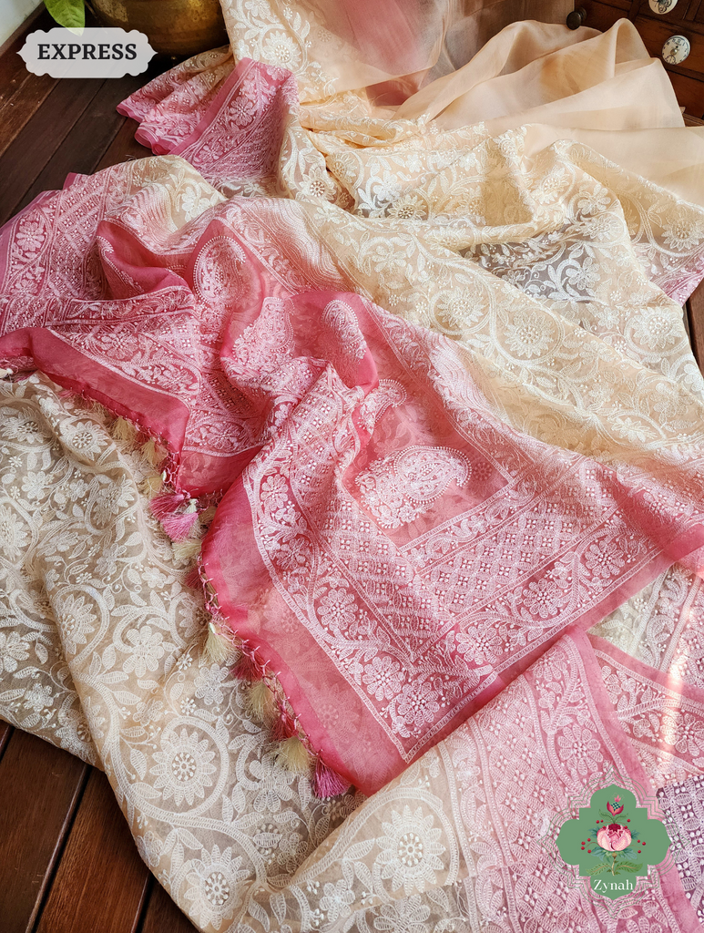 Zynah Pink / Cream Pure Organza Silk Saree with Floral Jaal Thread Chikankari Embroidery; Custom Stitched/Ready-made Blouse, Fall, Petticoat; SKU: 0408202301