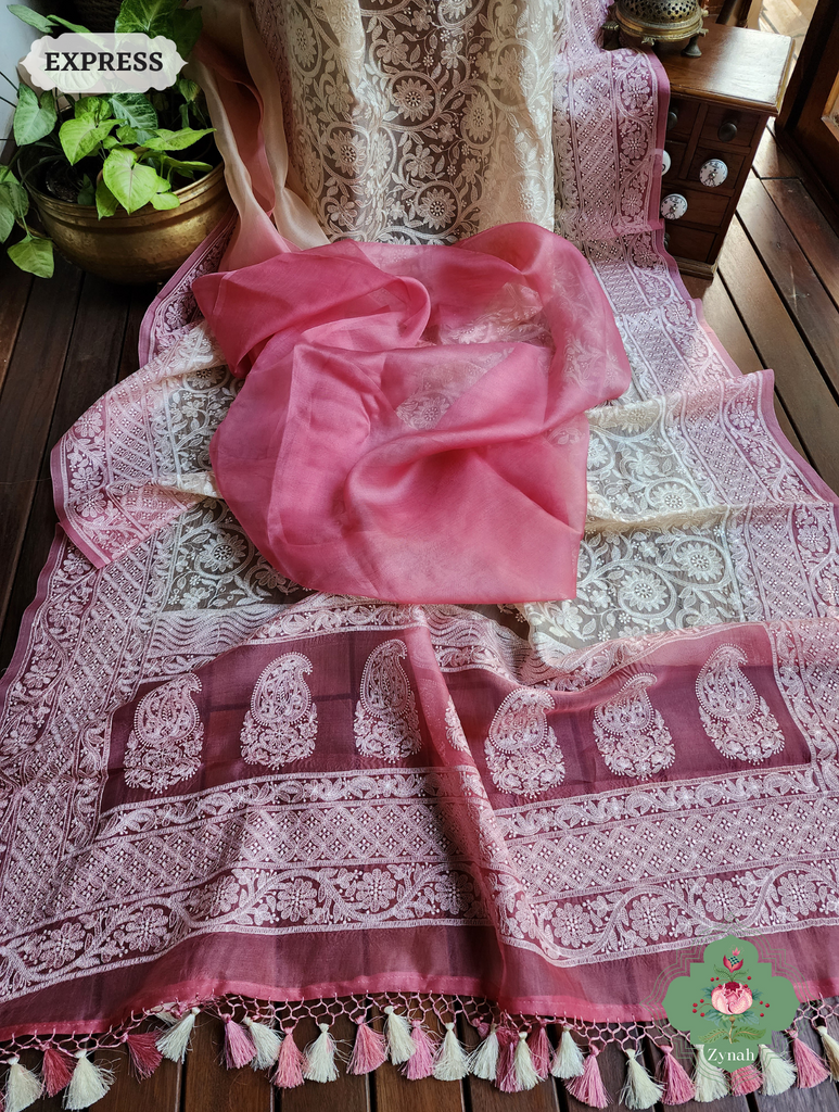 Zynah Pink / Cream Pure Organza Silk Saree with Floral Jaal Thread Chikankari Embroidery; Custom Stitched/Ready-made Blouse, Fall, Petticoat; SKU: 0408202301