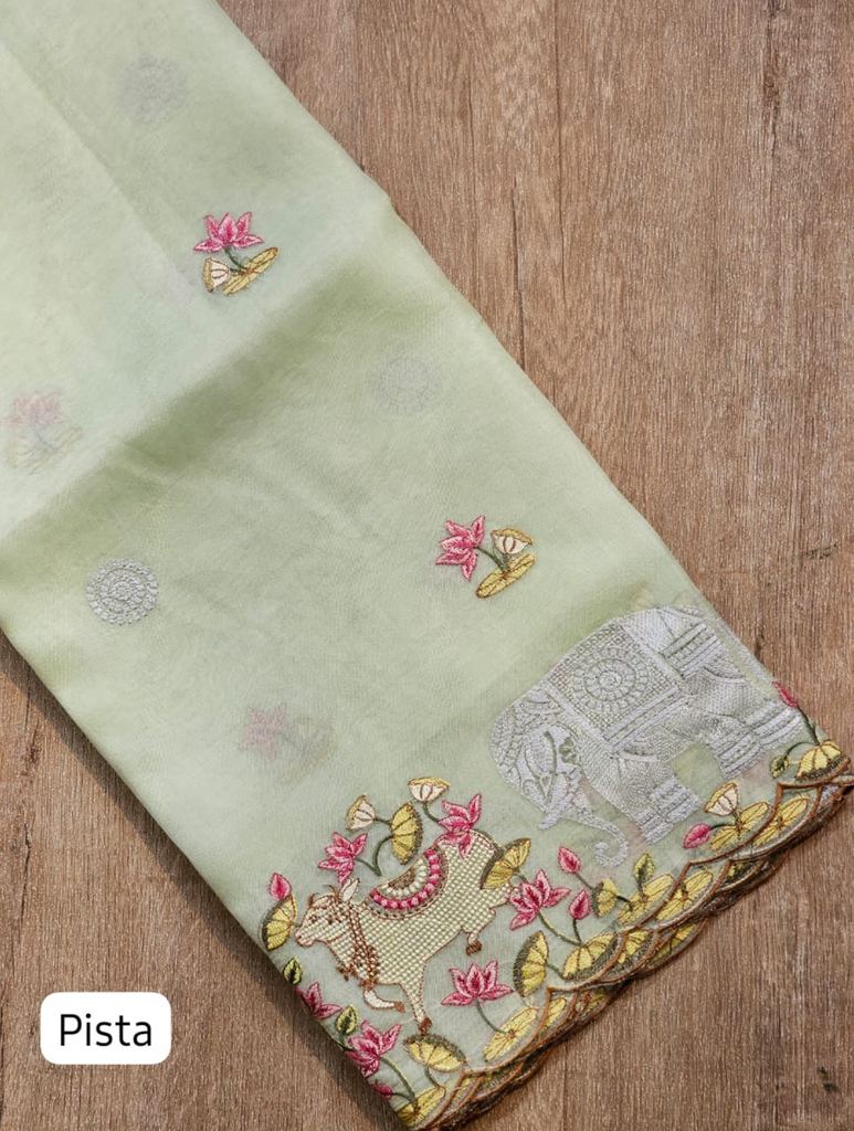 Zynah Pure Organza Silk Sarees With Elephant Pichwai Embroidery & Scallop Border; Custom Stitched/Ready-made Blouse, Fall, Petticoat; SKU: 0401202410