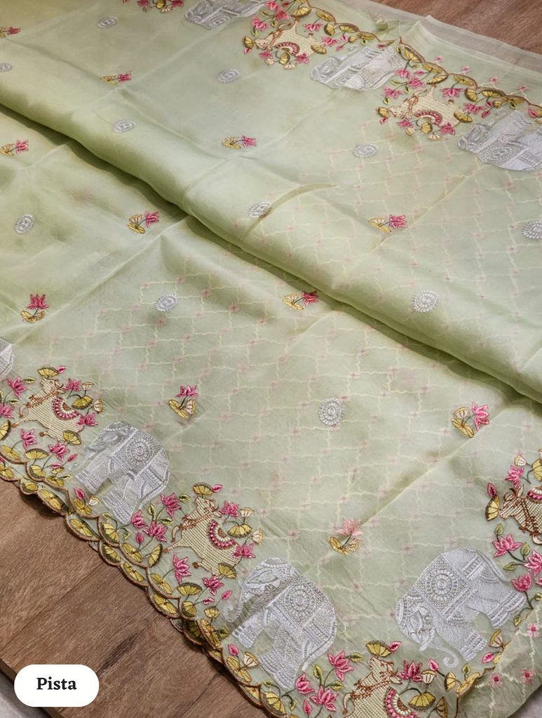 Zynah Pure Organza Silk Sarees With Elephant Pichwai Embroidery & Scallop Border; Custom Stitched/Ready-made Blouse, Fall, Petticoat; SKU: 0401202410