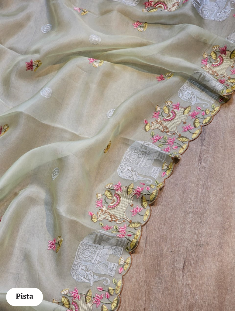 Zynah Pure Organza Silk Sarees With Elephant Pichwai Embroidery & Scallop Border; Custom Stitched/Ready-made Blouse, Fall, Petticoat; SKU: 0401202410