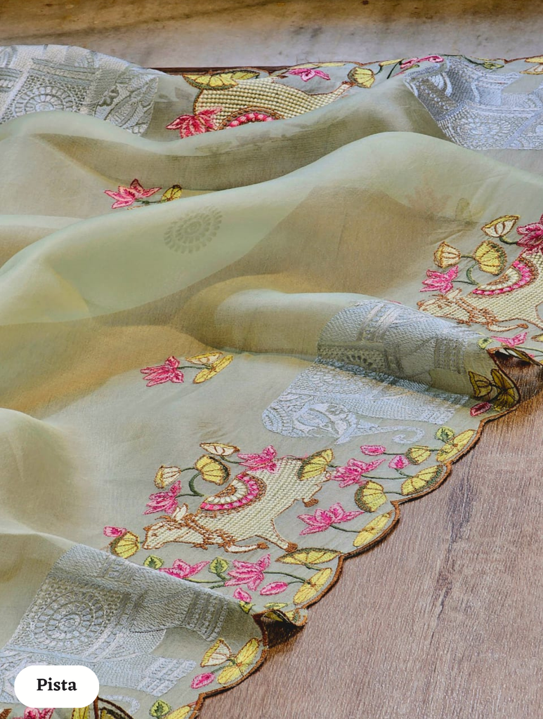 Zynah Pure Organza Silk Sarees With Elephant Pichwai Embroidery & Scallop Border; Custom Stitched/Ready-made Blouse, Fall, Petticoat; SKU: 0401202410