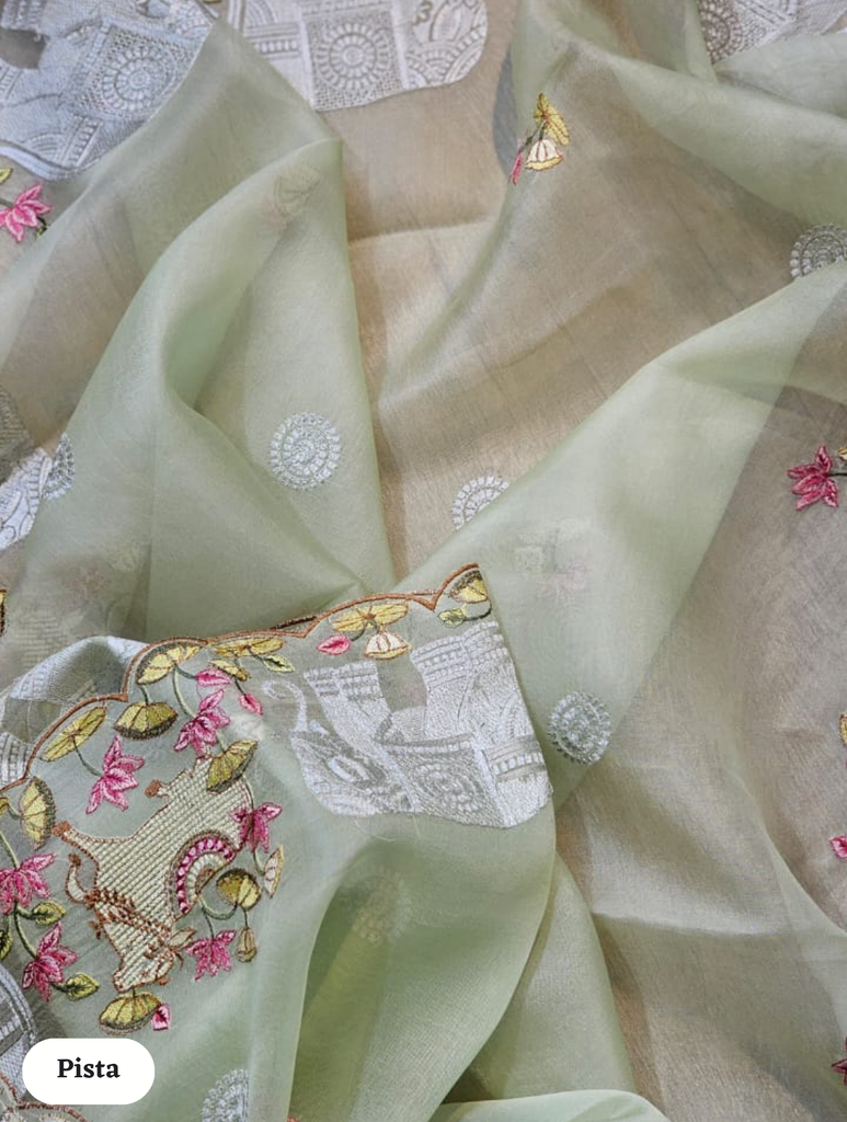 Zynah Pure Organza Silk Sarees With Elephant Pichwai Embroidery & Scallop Border; Custom Stitched/Ready-made Blouse, Fall, Petticoat; SKU: 0401202410